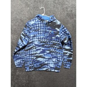 Adidas Blue Camo Plaid Fleece Hoodie Pullover Athletic Sweatshirt Men's L
